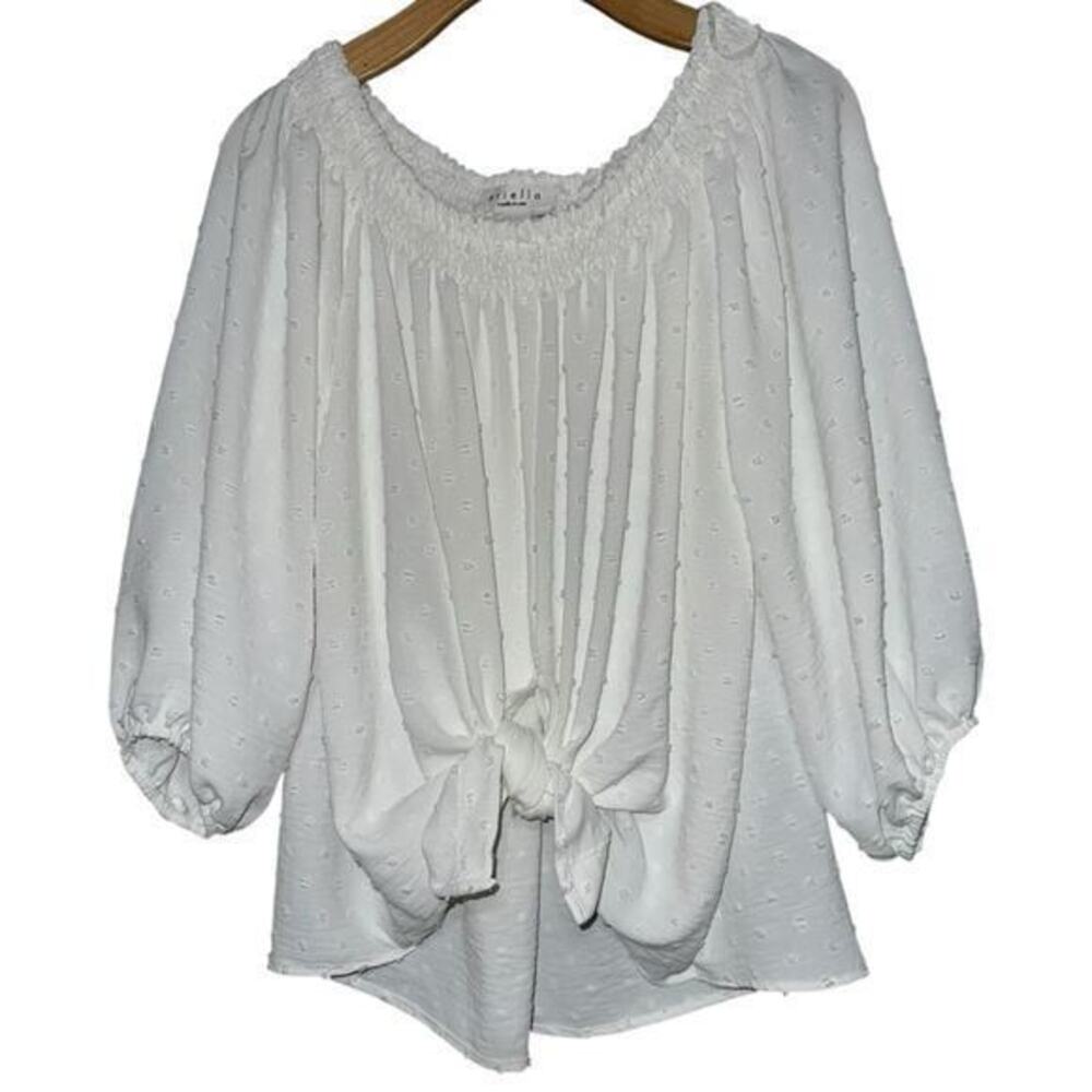 Ariella Women’s S White Swiss Dot Tie Front Off the Shoulder Balloon Sleeve Top